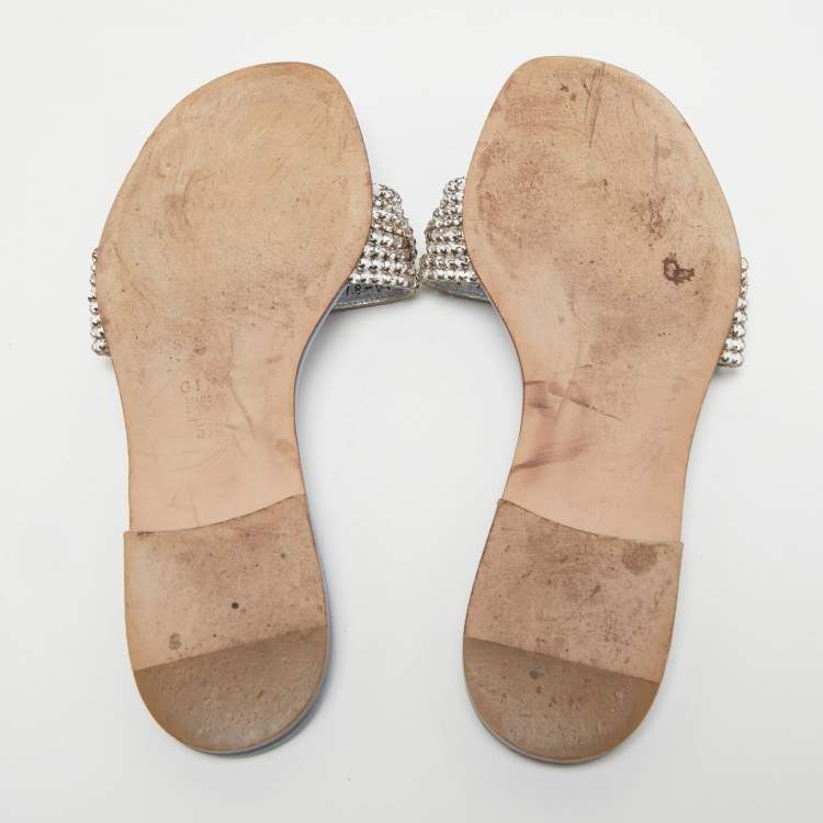 Pre Owned Gina Light Blue Patent Crystal Embellished Thong Slides  Size 38.5