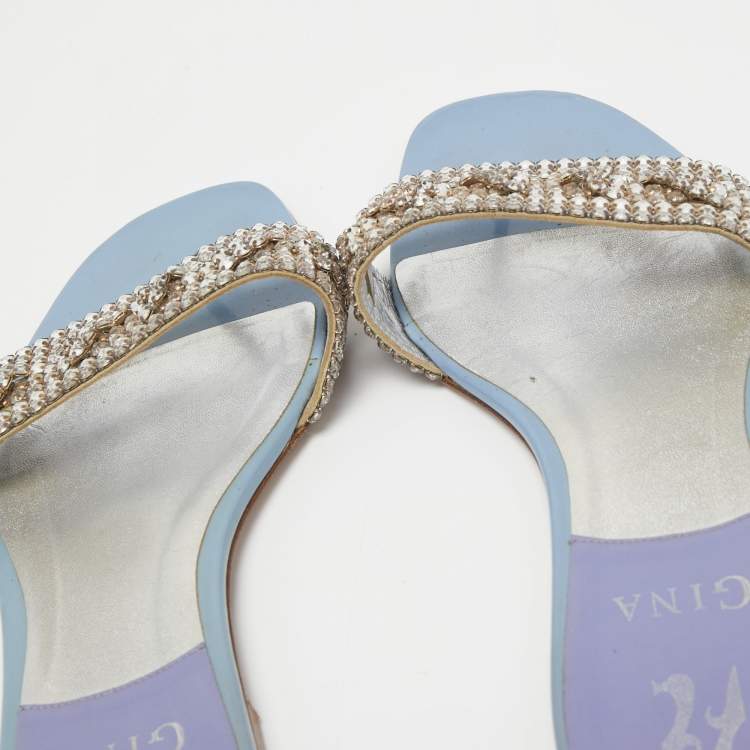 Pre Owned Gina Light Blue Patent Crystal Embellished Thong Slides  Size 38.5