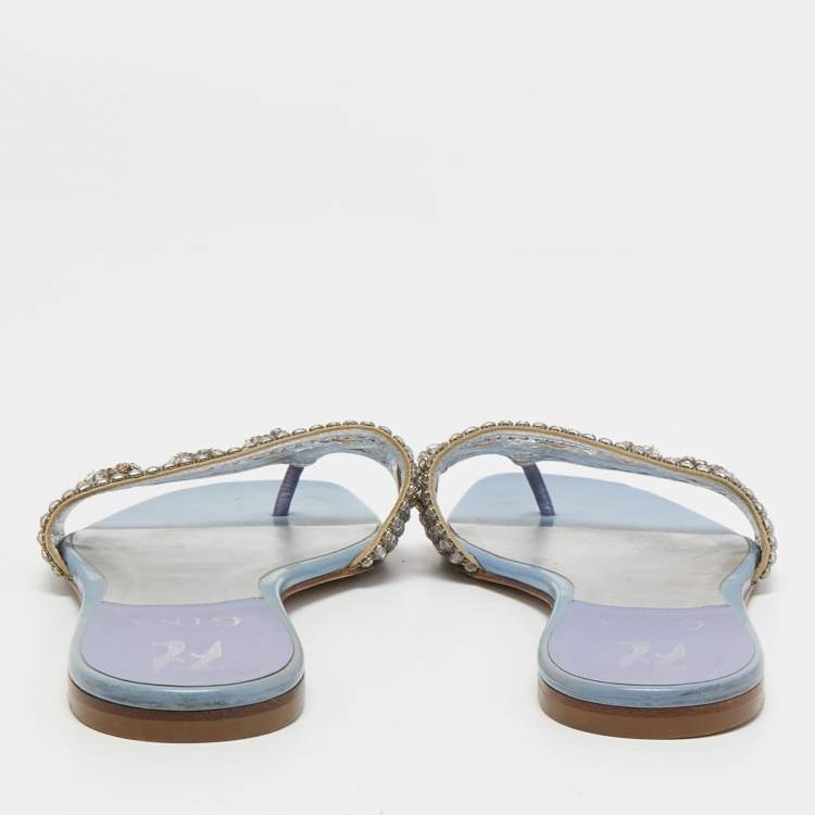 Pre Owned Gina Light Blue Patent Crystal Embellished Thong Slides  Size 38.5