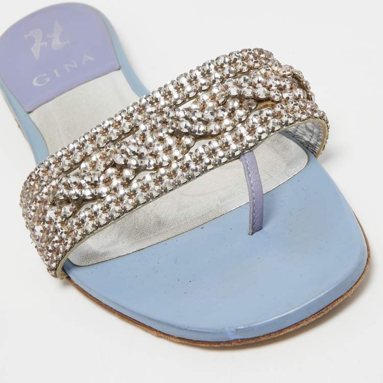 Pre Owned Gina Light Blue Patent Crystal Embellished Thong Slides  Size 38.5