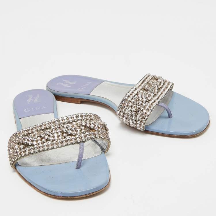 Pre Owned Gina Light Blue Patent Crystal Embellished Thong Slides  Size 38.5
