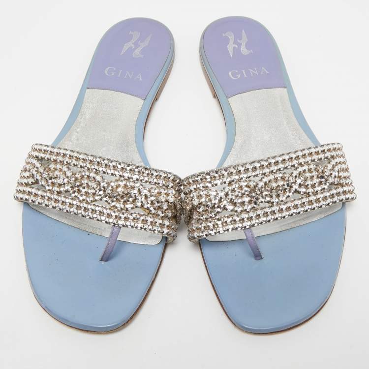 Pre Owned Gina Light Blue Patent Crystal Embellished Thong Slides  Size 38.5
