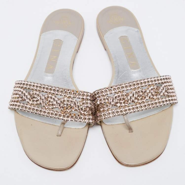 Pre Owned Gina Light Pink Crystal Embellished Leather Thong Flats Size 38.5