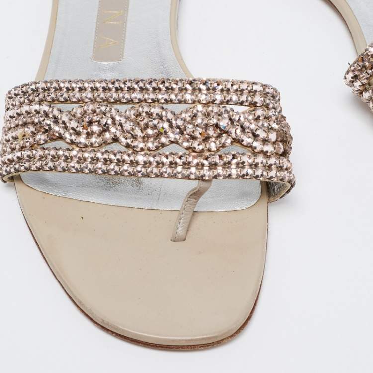 Pre Owned Gina Light Pink Crystal Embellished Leather Thong Flats Size 38.5