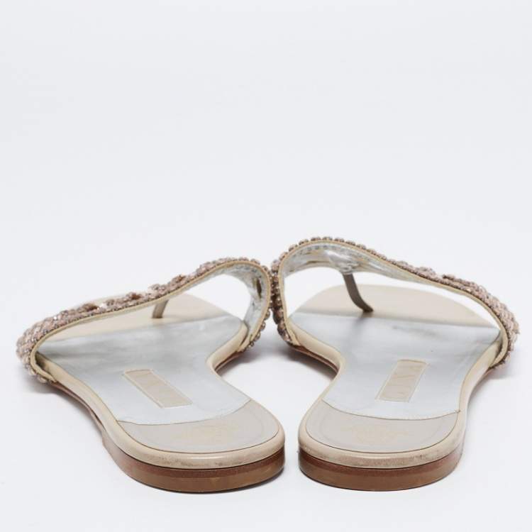 Pre Owned Gina Light Pink Crystal Embellished Leather Thong Flats Size 38.5