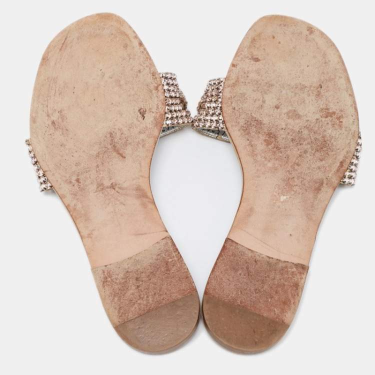 Pre Owned Gina Light Pink Crystal Embellished Leather Thong Flats Size 38.5