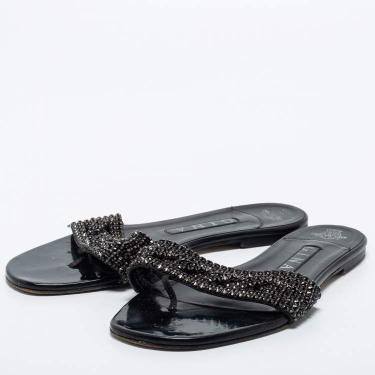 Pre Owned Gina  Black Patent Crystal Embellished  Sandals Size 38.5