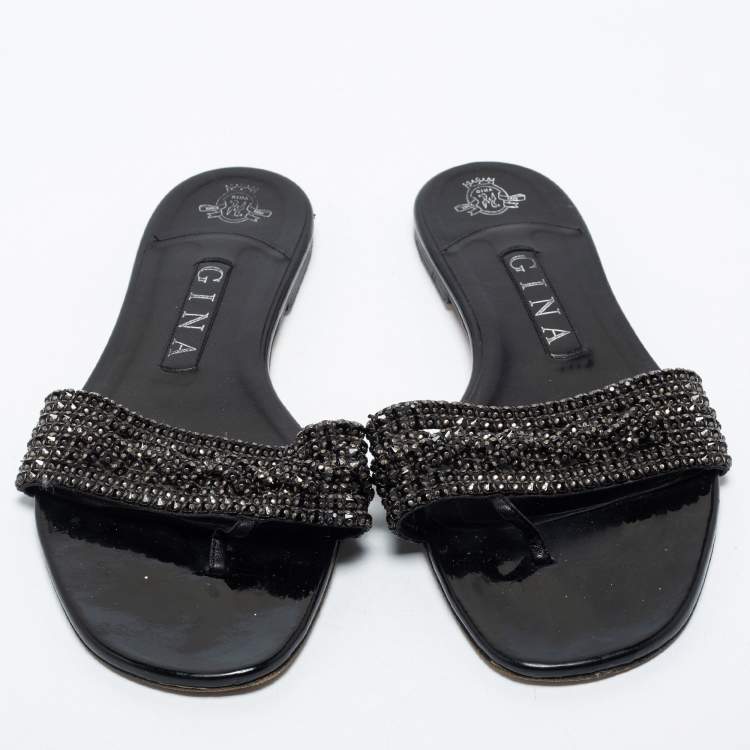 Pre Owned Gina  Black Patent Crystal Embellished  Sandals Size 38.5