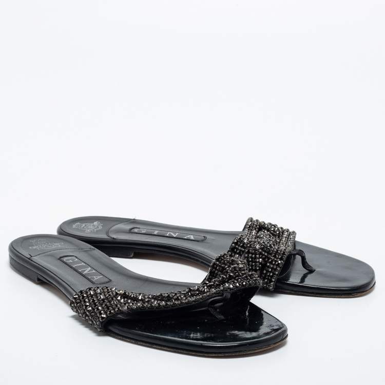 Pre Owned Gina  Black Patent Crystal Embellished  Sandals Size 38.5