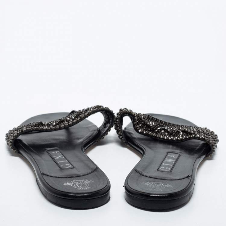 Pre Owned Gina  Black Patent Crystal Embellished  Sandals Size 38.5