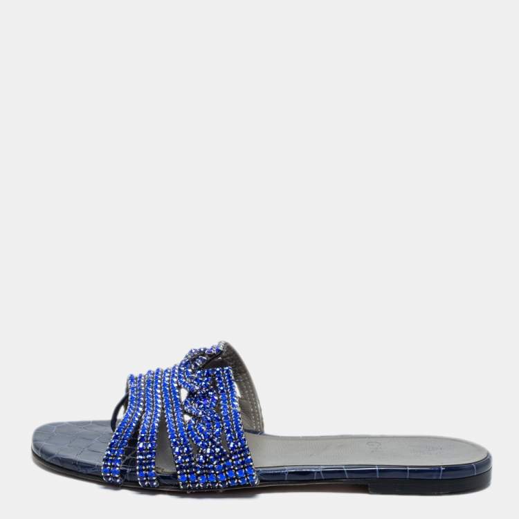Pre Owned Gina Blue Crystal Embellished Leather Lexi Flat Slides Size 38