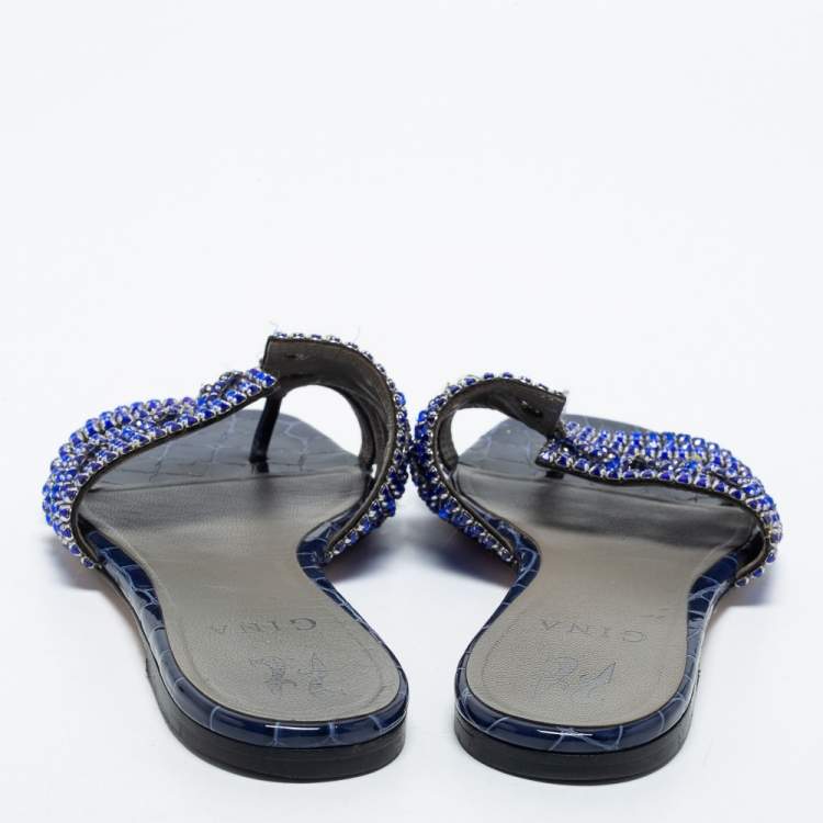 Pre Owned Gina Blue Crystal Embellished Leather Lexi Flat Slides Size 38