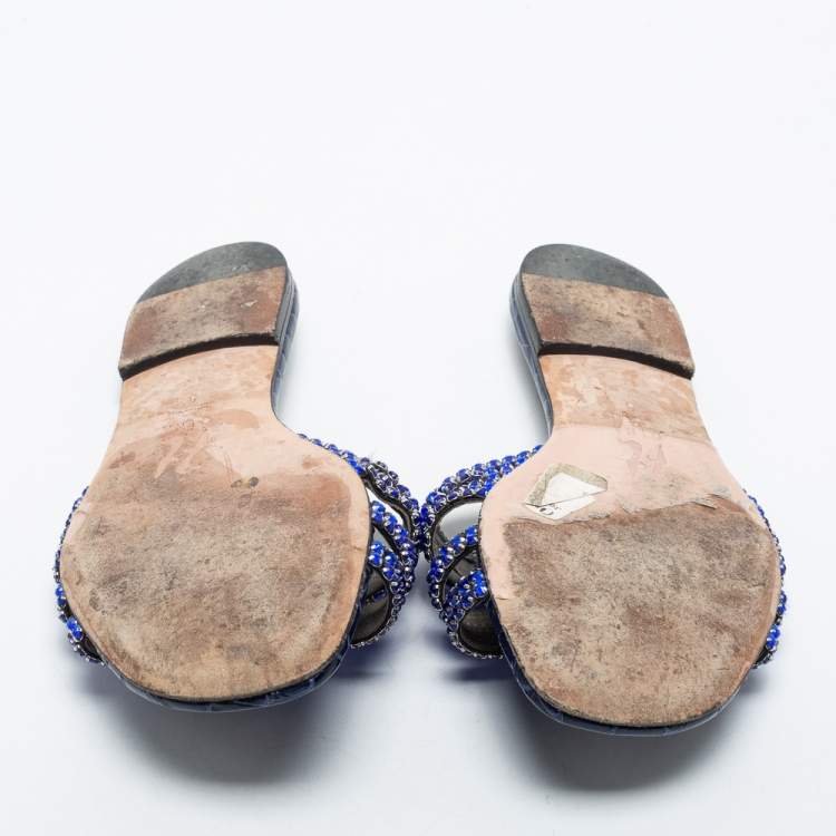 Pre Owned Gina Blue Crystal Embellished Leather Lexi Flat Slides Size 38