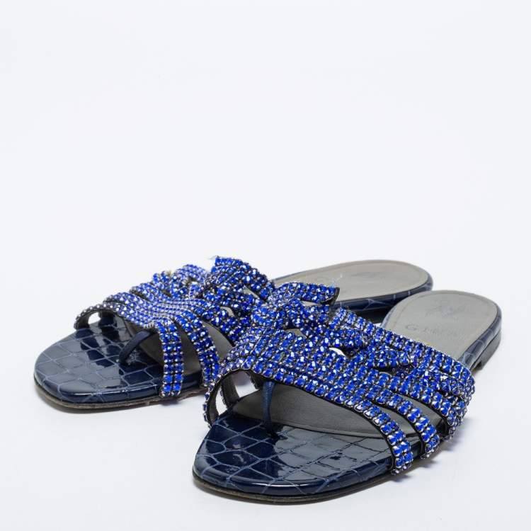 Pre Owned Gina Blue Crystal Embellished Leather Lexi Flat Slides Size 38