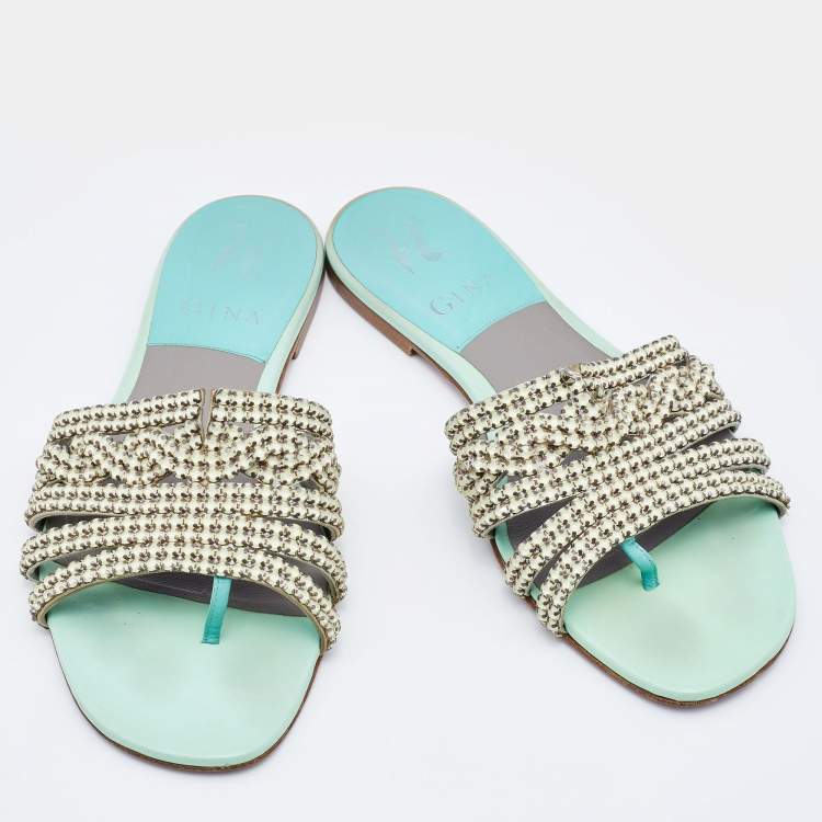 Pre Owned Gina Green/Grey Crystal Embellished Leather Thong Flat Slides Size 37.5