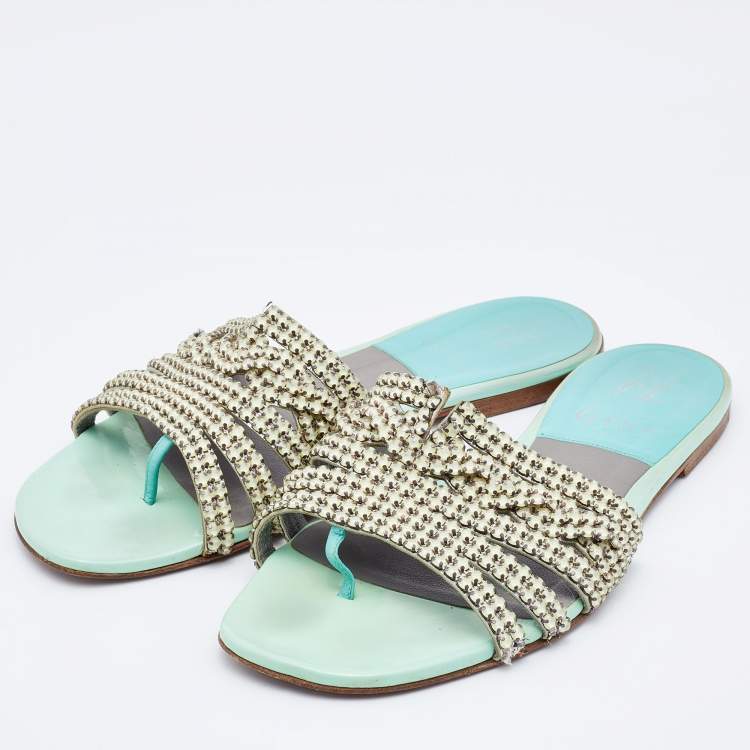 Pre Owned Gina Green/Grey Crystal Embellished Leather Thong Flat Slides Size 37.5