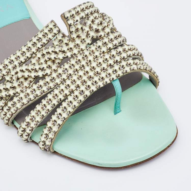 Pre Owned Gina Green/Grey Crystal Embellished Leather Thong Flat Slides Size 37.5