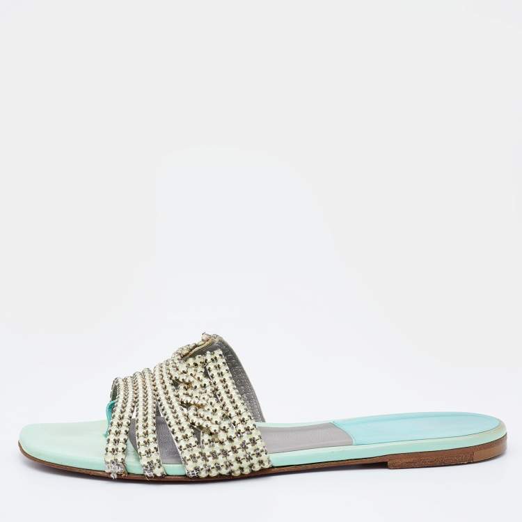 Pre Owned Gina Green/Grey Crystal Embellished Leather Thong Flat Slides Size 37.5