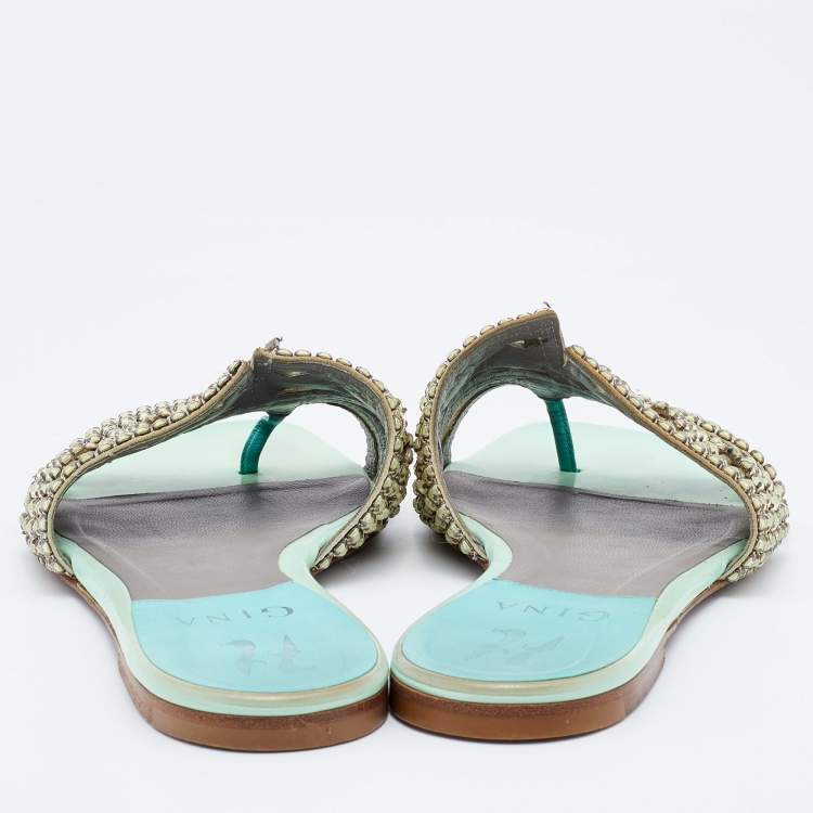 Pre Owned Gina Green/Grey Crystal Embellished Leather Thong Flat Slides Size 37.5