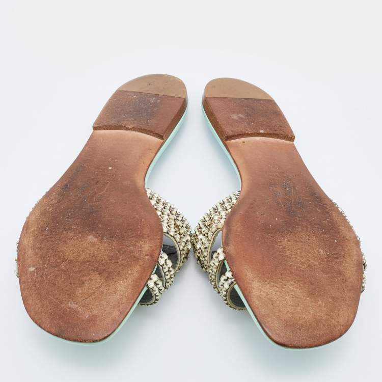 Pre Owned Gina Green/Grey Crystal Embellished Leather Thong Flat Slides Size 37.5