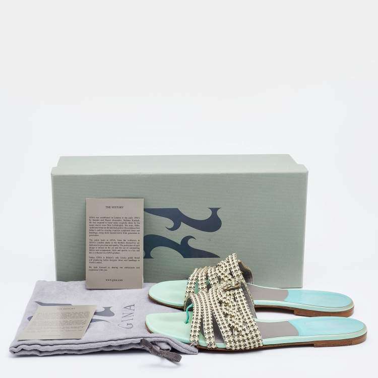 Pre Owned Gina Green/Grey Crystal Embellished Leather Thong Flat Slides Size 37.5