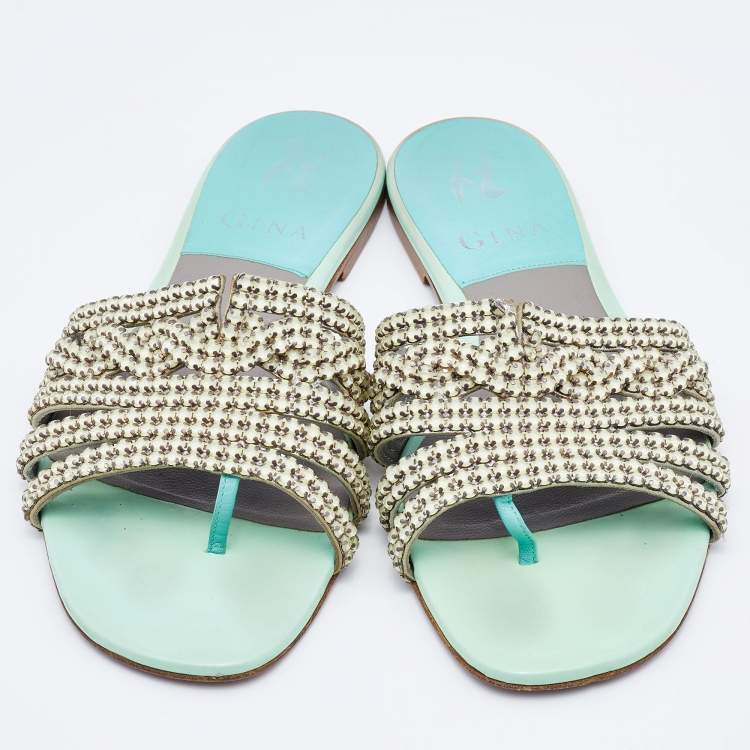 Pre Owned Gina Green/Grey Crystal Embellished Leather Thong Flat Slides Size 37.5