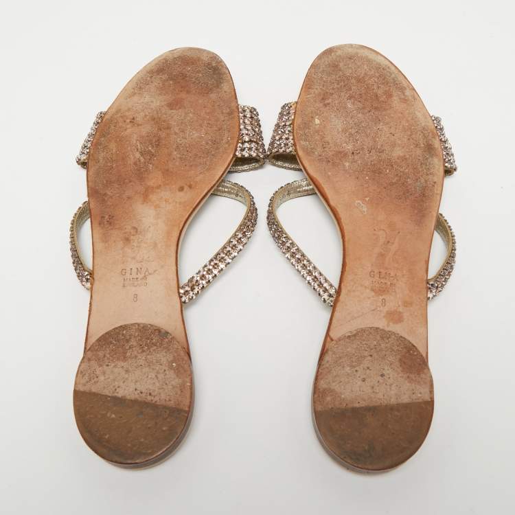 Pre Owned Gina Pink Crystal Embellished Leather Flat Slides Size 41 