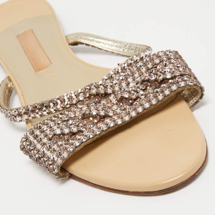 Pre Owned Gina Pink Crystal Embellished Leather Flat Slides Size 41 