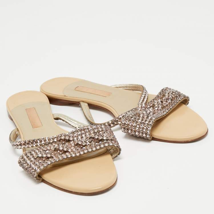 Pre Owned Gina Pink Crystal Embellished Leather Flat Slides Size 41 