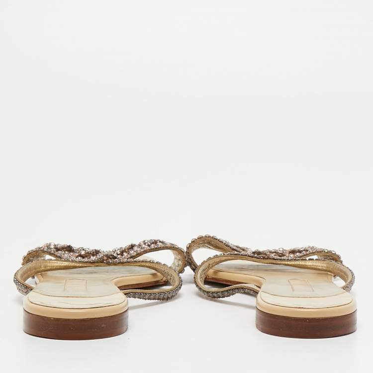 Pre Owned Gina Pink Crystal Embellished Leather Flat Slides Size 41 