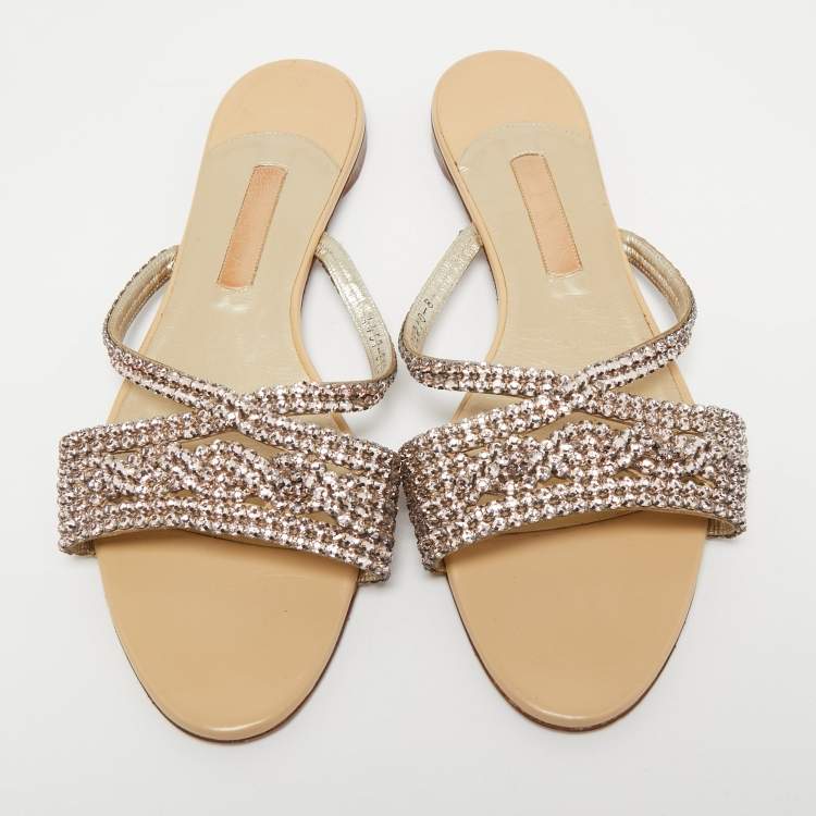 Pre Owned Gina Pink Crystal Embellished Leather Flat Slides Size 41 