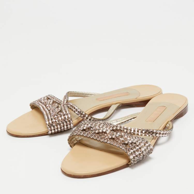 Pre Owned Gina Pink Crystal Embellished Leather Flat Slides Size 41 