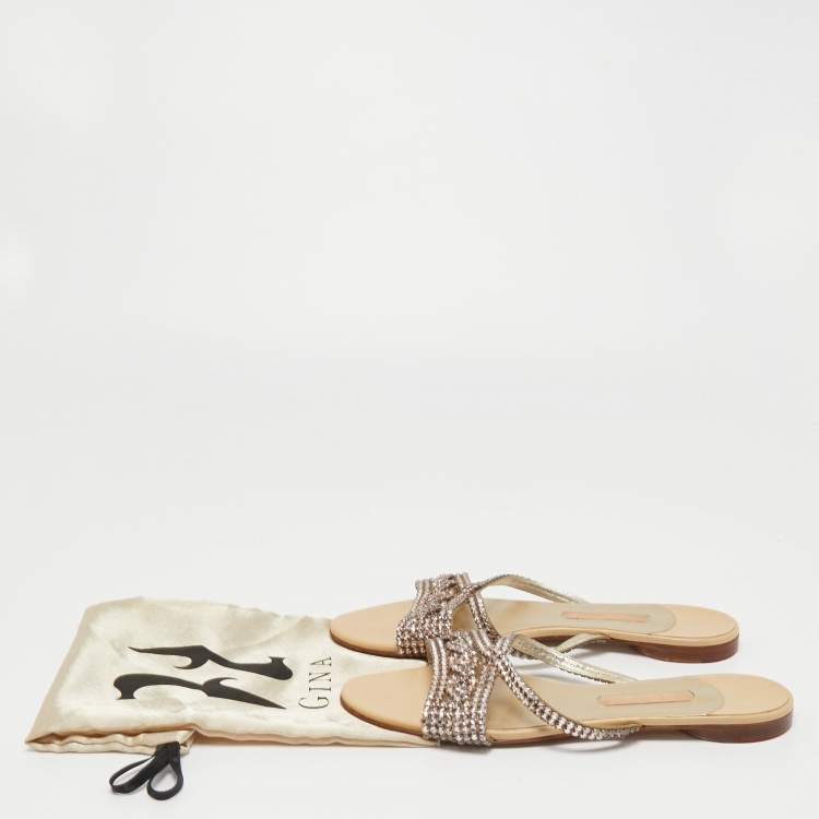 Pre Owned Gina Pink Crystal Embellished Leather Flat Slides Size 41 