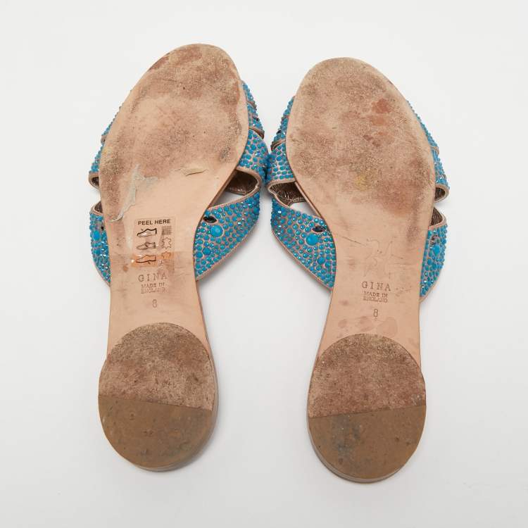 Pre Owned Gina Pink/Blue Crystal Embellished Satin Flat Slides Size 41