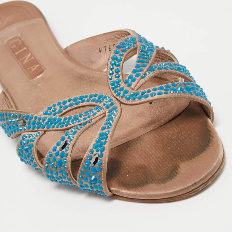 Pre Owned Gina Pink/Blue Crystal Embellished Satin Flat Slides Size 41