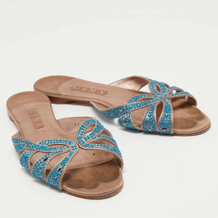 Pre Owned Gina Pink/Blue Crystal Embellished Satin Flat Slides Size 41