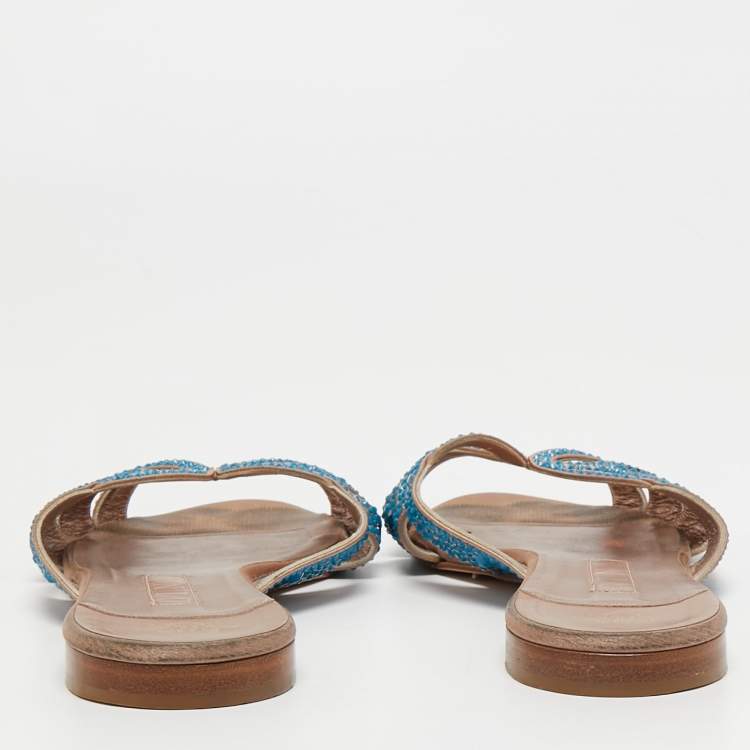 Pre Owned Gina Pink/Blue Crystal Embellished Satin Flat Slides Size 41