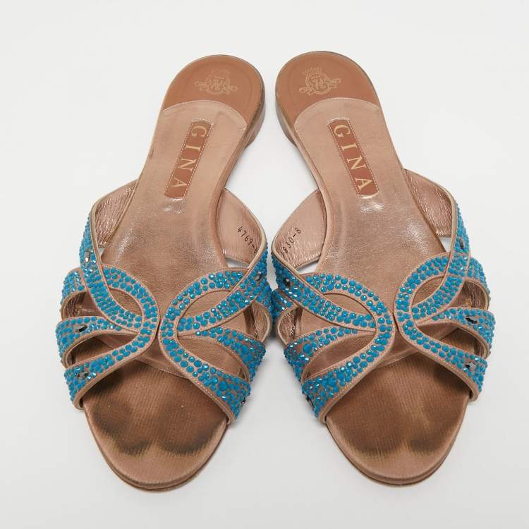 Pre Owned Gina Pink/Blue Crystal Embellished Satin Flat Slides Size 41