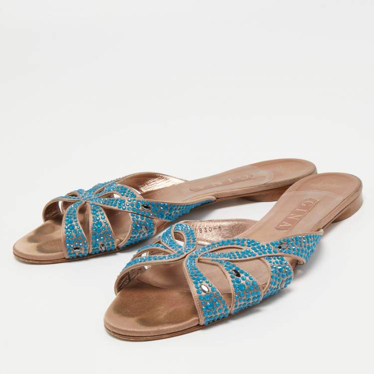 Pre Owned Gina Pink/Blue Crystal Embellished Satin Flat Slides Size 41