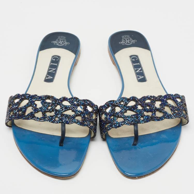 Pre Owned Gina Blue Crystal Embellished Leather Flat Slides Size 41.5
