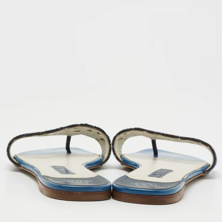 Pre Owned Gina Blue Crystal Embellished Leather Flat Slides Size 41.5