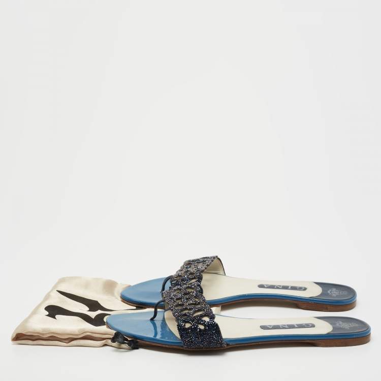 Pre Owned Gina Blue Crystal Embellished Leather Flat Slides Size 41.5