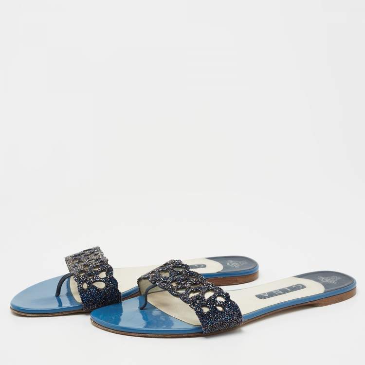 Pre Owned Gina Blue Crystal Embellished Leather Flat Slides Size 41.5