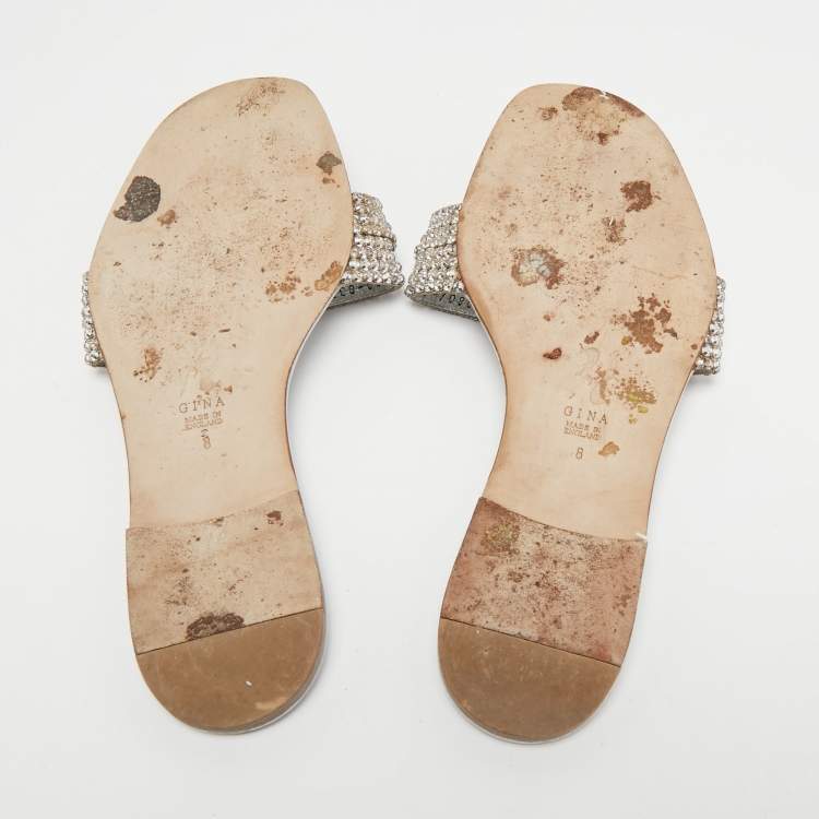 مملوكة مسبقًا Gina Silver Crystal Embellished Leather Flat Slides Size 41