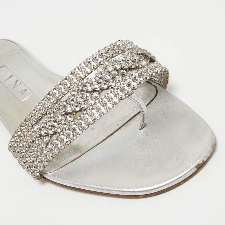 مملوكة مسبقًا Gina Silver Crystal Embellished Leather Flat Slides Size 41