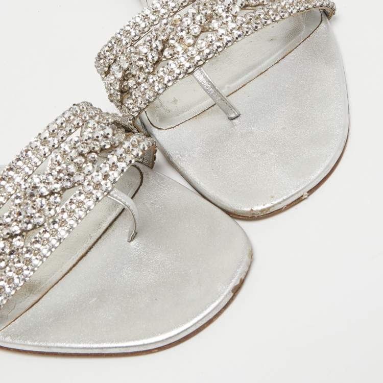 مملوكة مسبقًا Gina Silver Crystal Embellished Leather Flat Slides Size 41