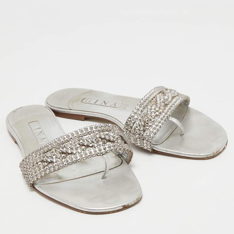 مملوكة مسبقًا Gina Silver Crystal Embellished Leather Flat Slides Size 41