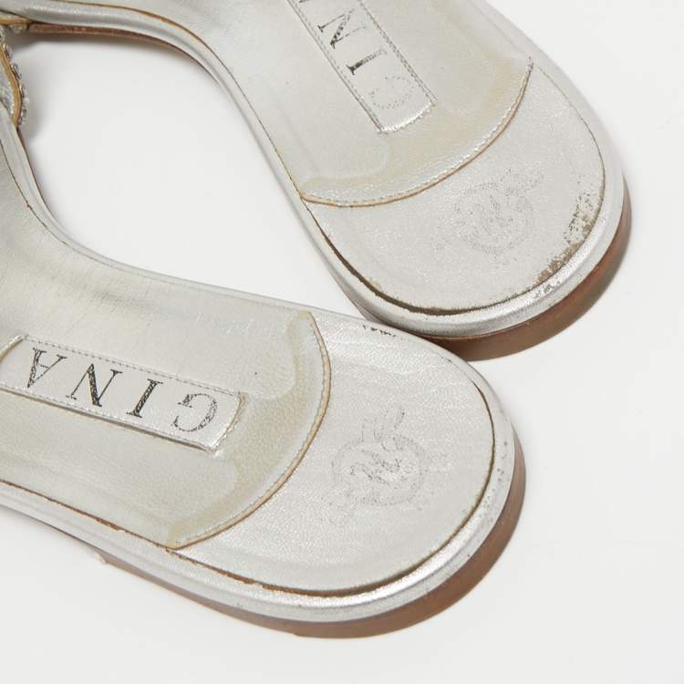 مملوكة مسبقًا Gina Silver Crystal Embellished Leather Flat Slides Size 41