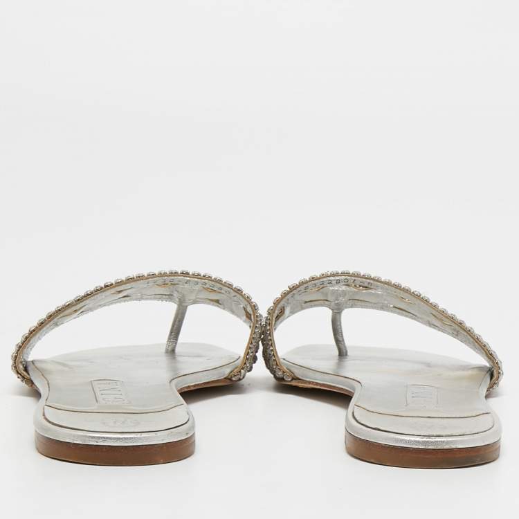مملوكة مسبقًا Gina Silver Crystal Embellished Leather Flat Slides Size 41