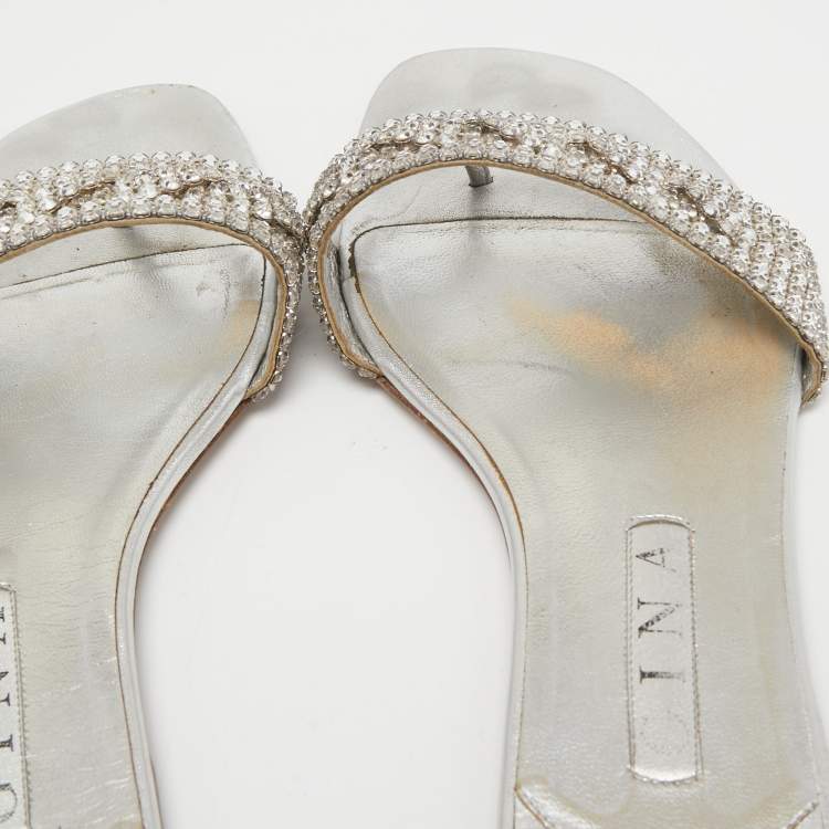 مملوكة مسبقًا Gina Silver Crystal Embellished Leather Flat Slides Size 41